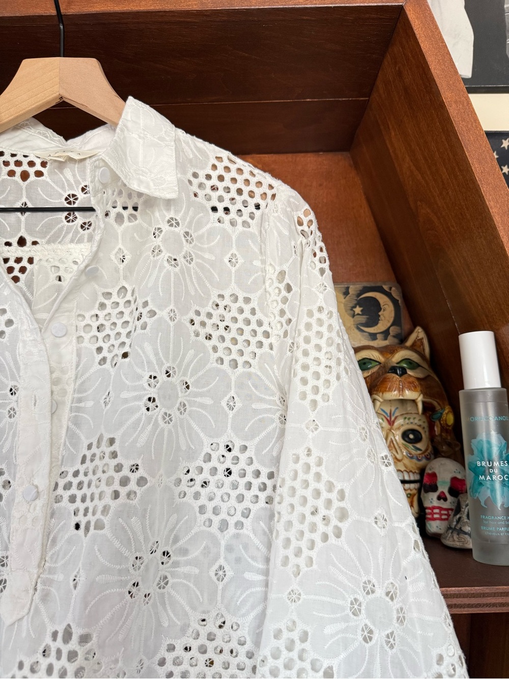 Adiva - Floral Lace Eyelet Button-Down Tunic Shirt - White - Women’s Medium